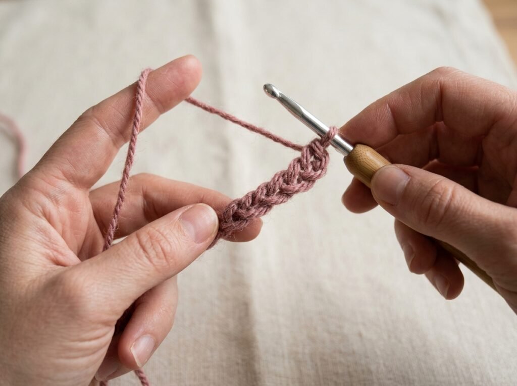 Hands making a crochet foundation chain with dusty rose yarn and a crochet hook