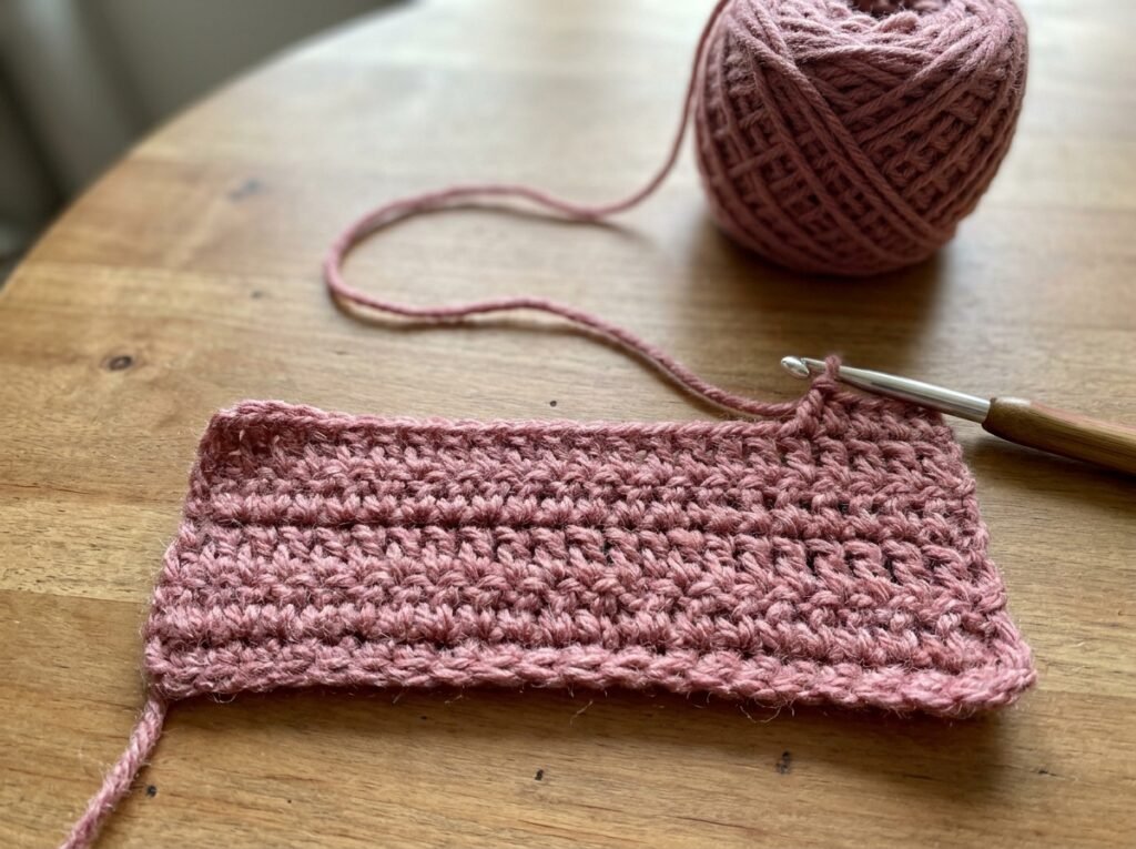 Dusty rose crochet scarf in progress showing several even rows and the active crochet hook