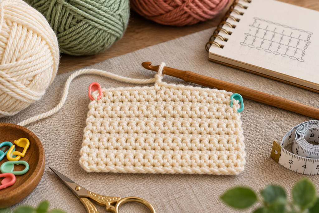 Close-up of a cream crochet swatch with colourful stitch markers showing where to count stitches.