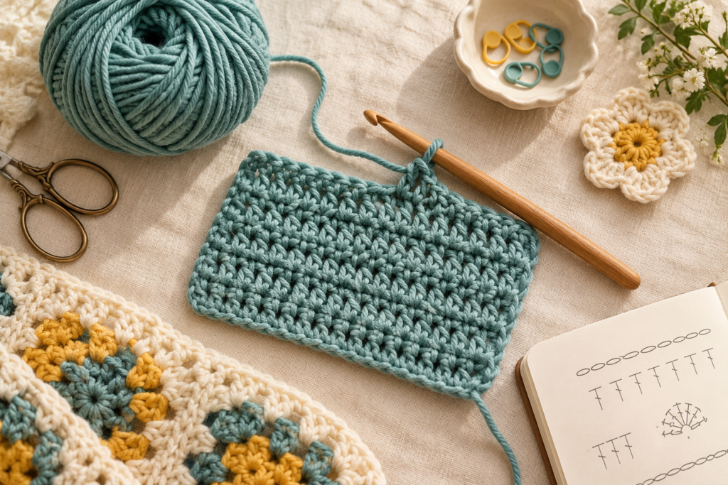 Crochet hook, sage yarn, textured crochet swatch, flower motif, and stitch notes on a craft table.