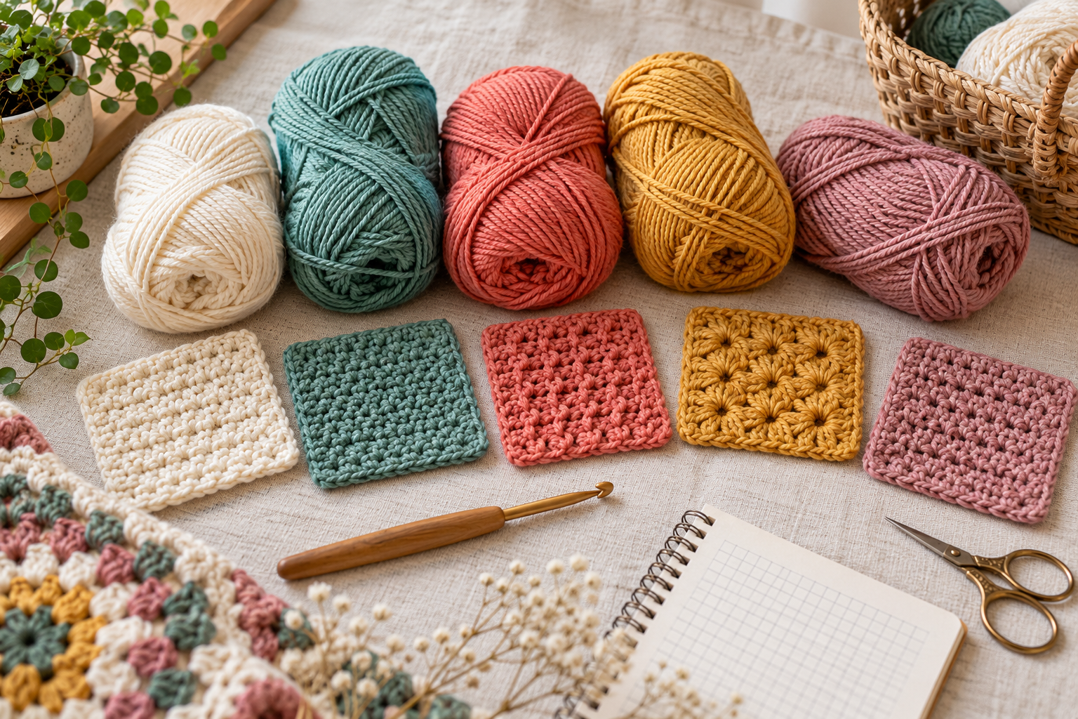 Cotton and acrylic yarn skeins in cream, sage, coral, mustard, and dusty rose with matching crochet swatches.