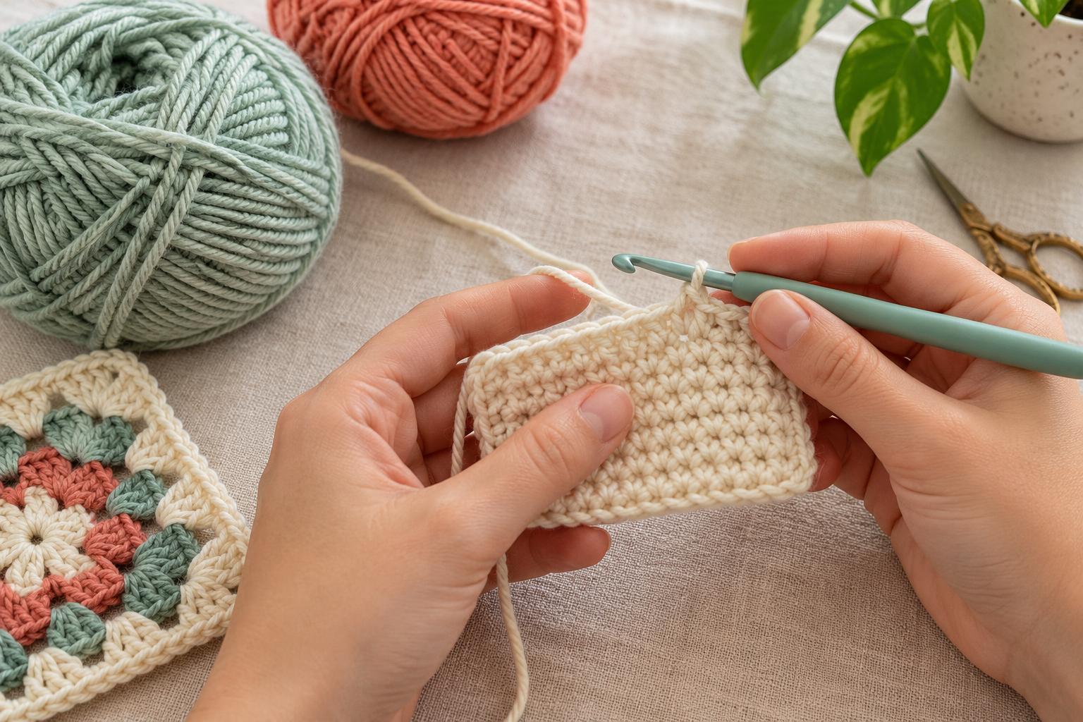 Hands practising crochet with an ivory swatch, mint crochet hook, and pastel yarn on linen.
